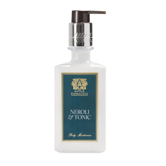 Antica Farmacista Body Moisturizer bottle with neroli, jasmine, and cedarwood fragrance.