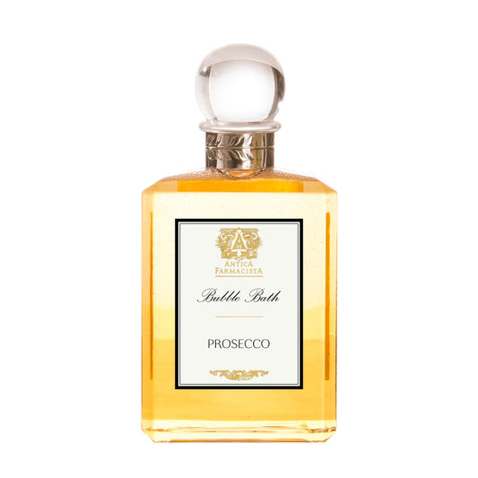 Antica Farmacista Bubble Bath Prosecco bottle showing citrus and florals for a bright bath