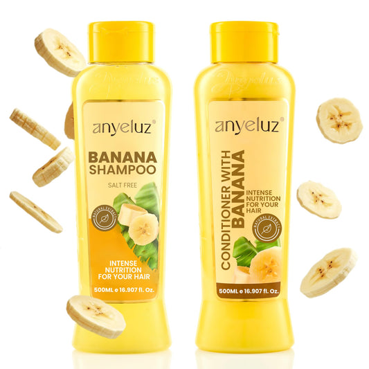 ANYELUZ Banana Shampoo bottle with nourishing banana formula for soft, manageable hair.