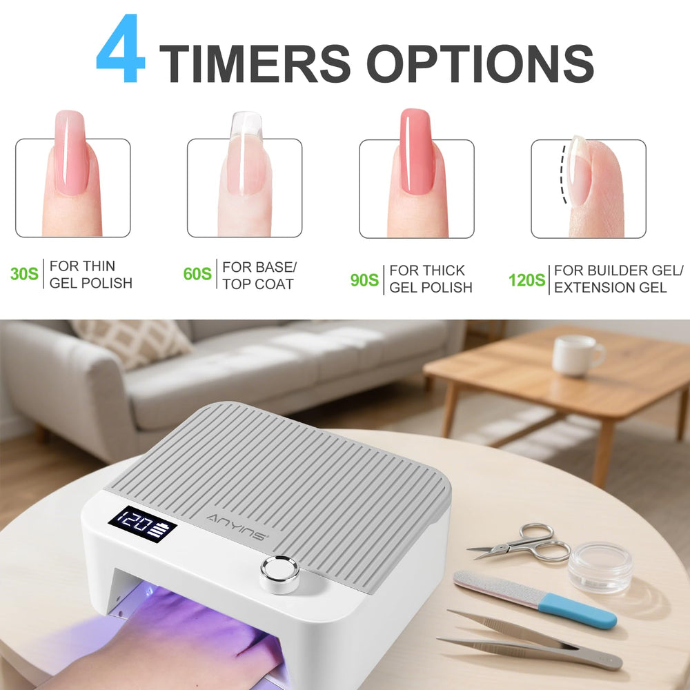 ANYINS UV Nail Lamp timer settings illustrate flexible 30/60/90/120 seconds.
