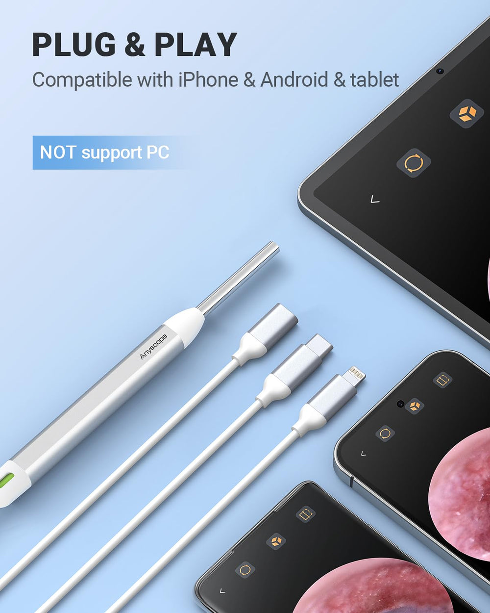 AnyScope HD ear camera supports Android OTG and iOS for broad compatibility.
