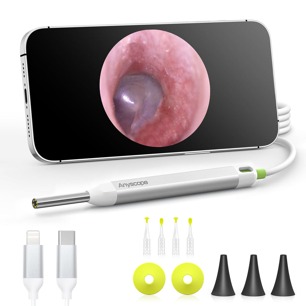 AnyScope HD otoscope with six LED lights illuminates the ear canal for clear inspection.