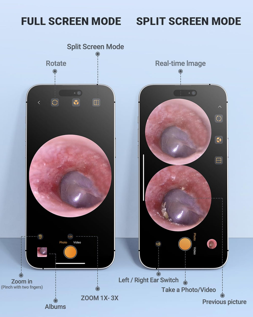 AnyScope HD split-screen mode lets you compare live and previous images.