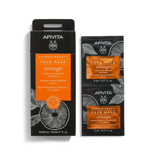 APIVITA Express Beauty Orange Face Mask pack shot highlights radiance potential for all skin types.