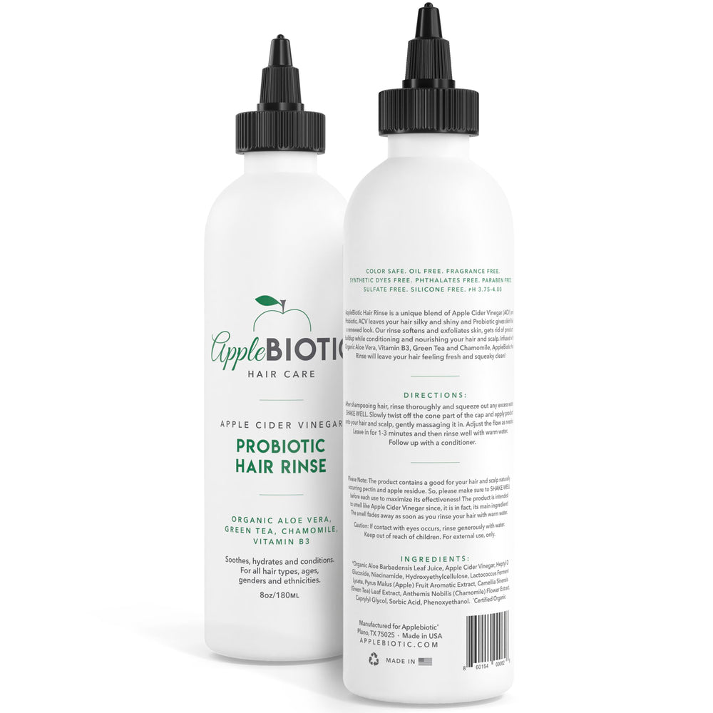 AppleBiotic ACV hair rinse close-up shows fragrance-free formula for gentle cleansing.