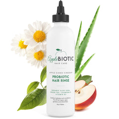 AppleBiotic Apple Cider Vinegar Hair Rinse bottle for scalp refresh and buildup removal.