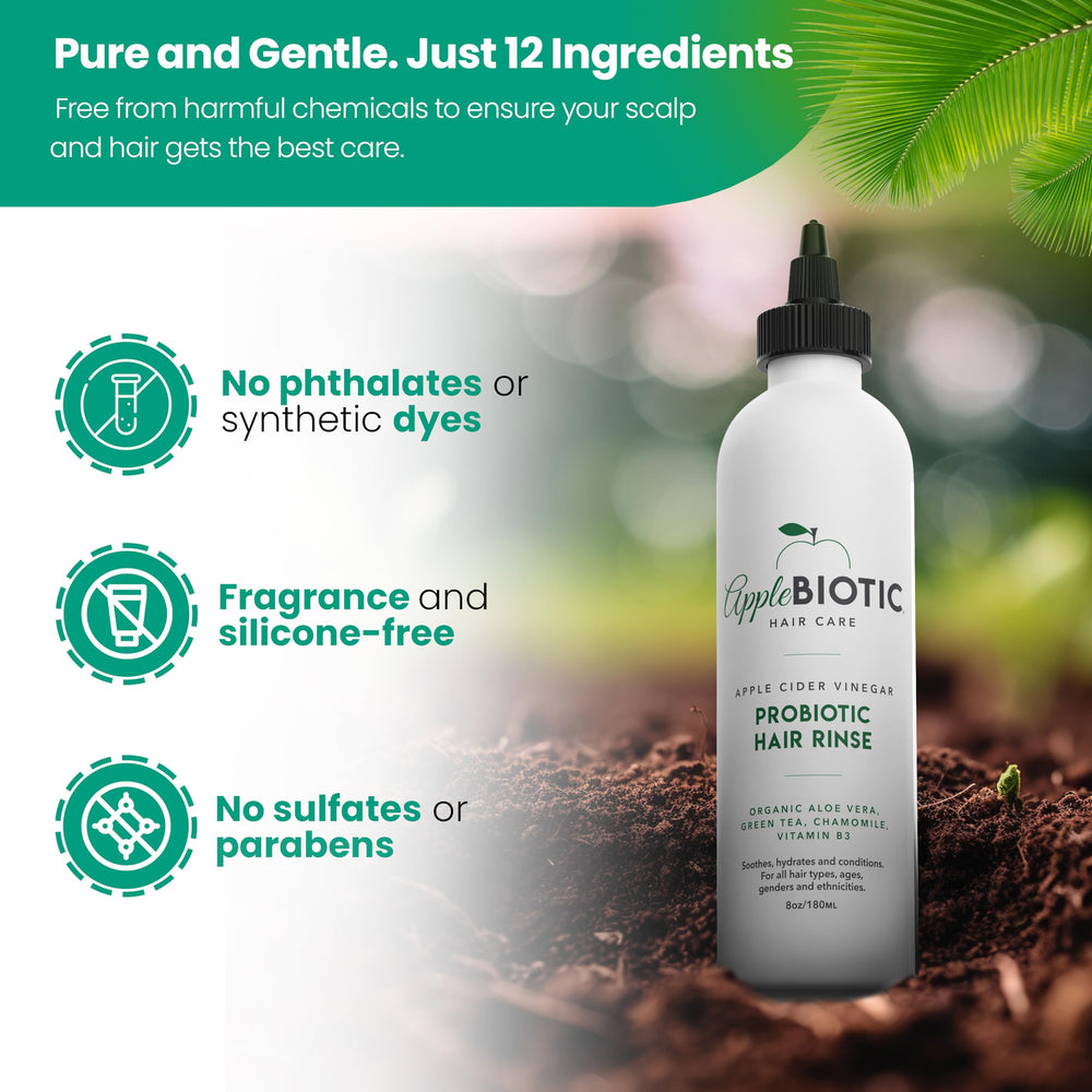 Made in USA AppleBiotic hair rinse bottle highlighting natural ingredients.