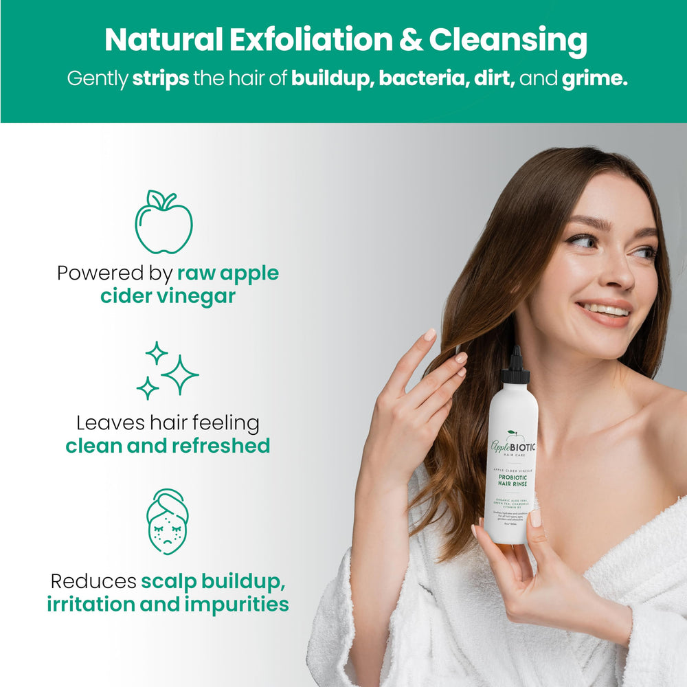 Scalp detox with AppleBiotic rinse, soothing irritation and supporting healthy roots.