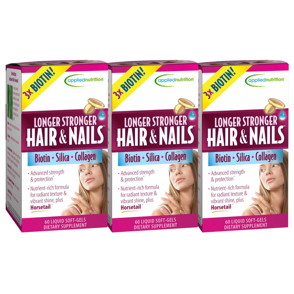 Applied Nutrition Longer Stronger Hair & Nails bottle showing key nutrients for daily beauty support