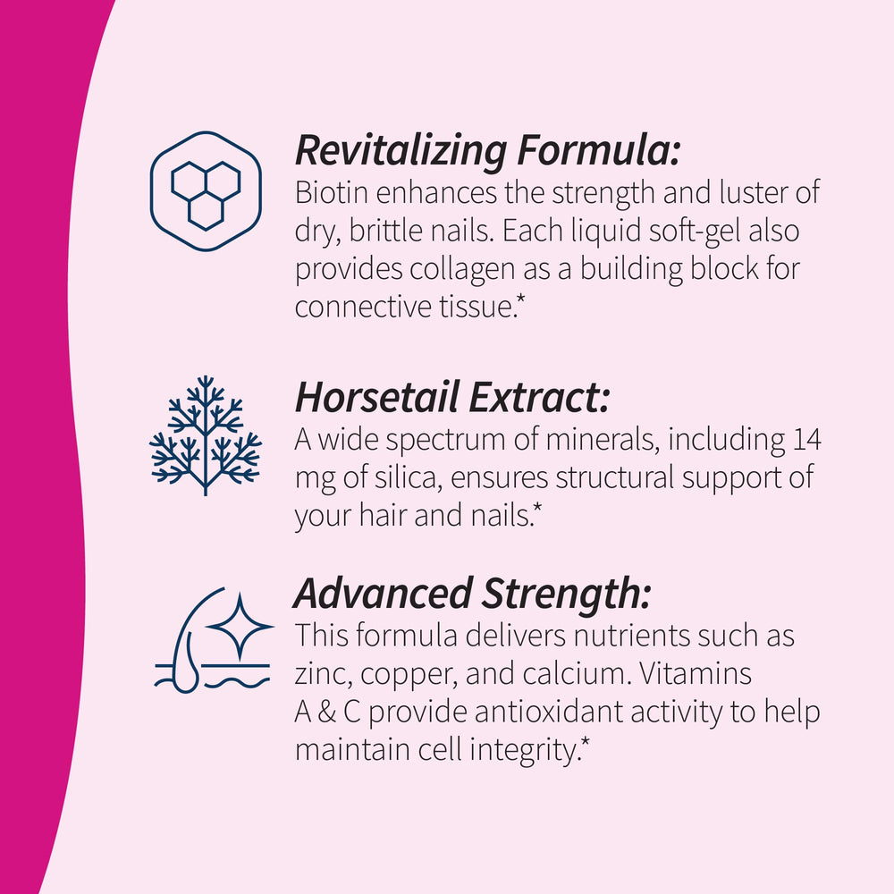 Applied Nutrition Longer Stronger Hair & Nails label design highlighting ingredients