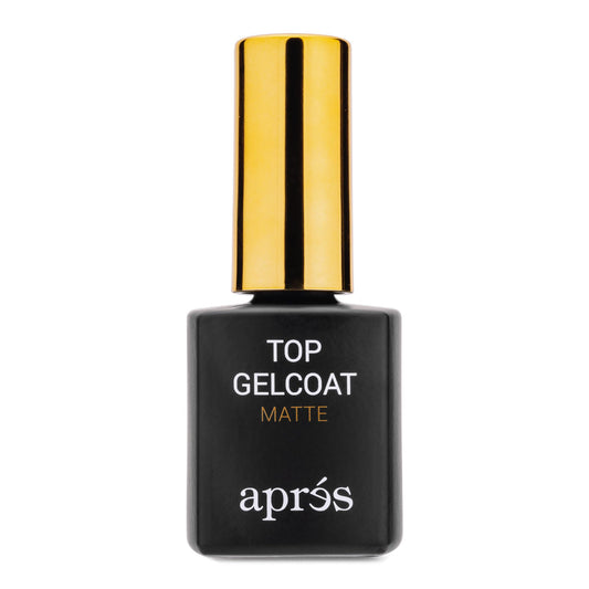 APRÉS Non-Wipe Matte Top Gel Coat bottle shows a sleek matte finish for lasting shine