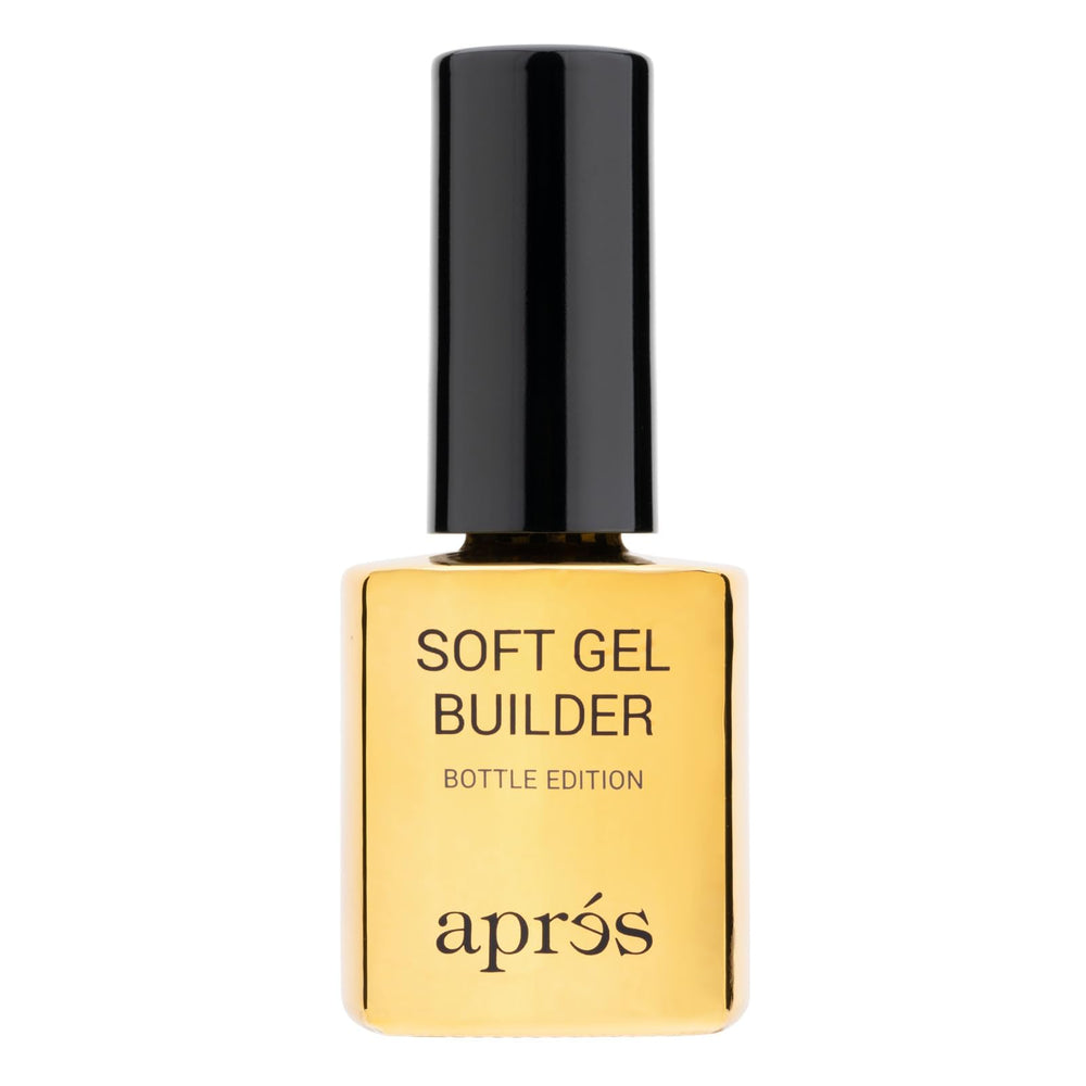 APRÉS Soft Gel Builder bottle close-up shows a durable, flexible formula for lasting gel extensions.