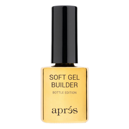 APRÉS Soft Gel Builder bottle close-up shows a durable, flexible formula for lasting gel extensions.