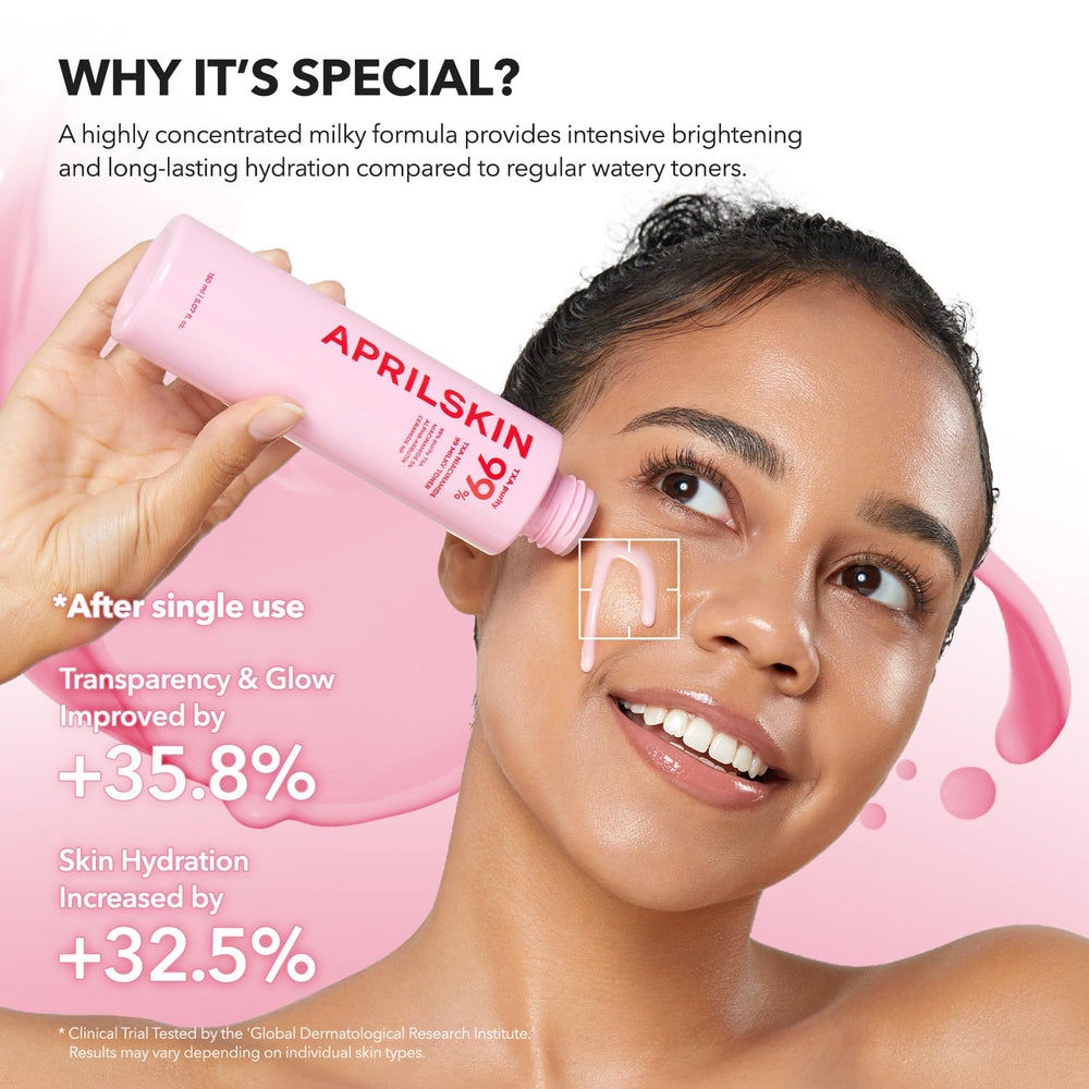 APRILSKIN 2in1 pink milky toner being applied provides gentle hydration