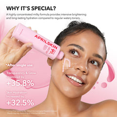 APRILSKIN 2in1 pink milky toner being applied provides gentle hydration