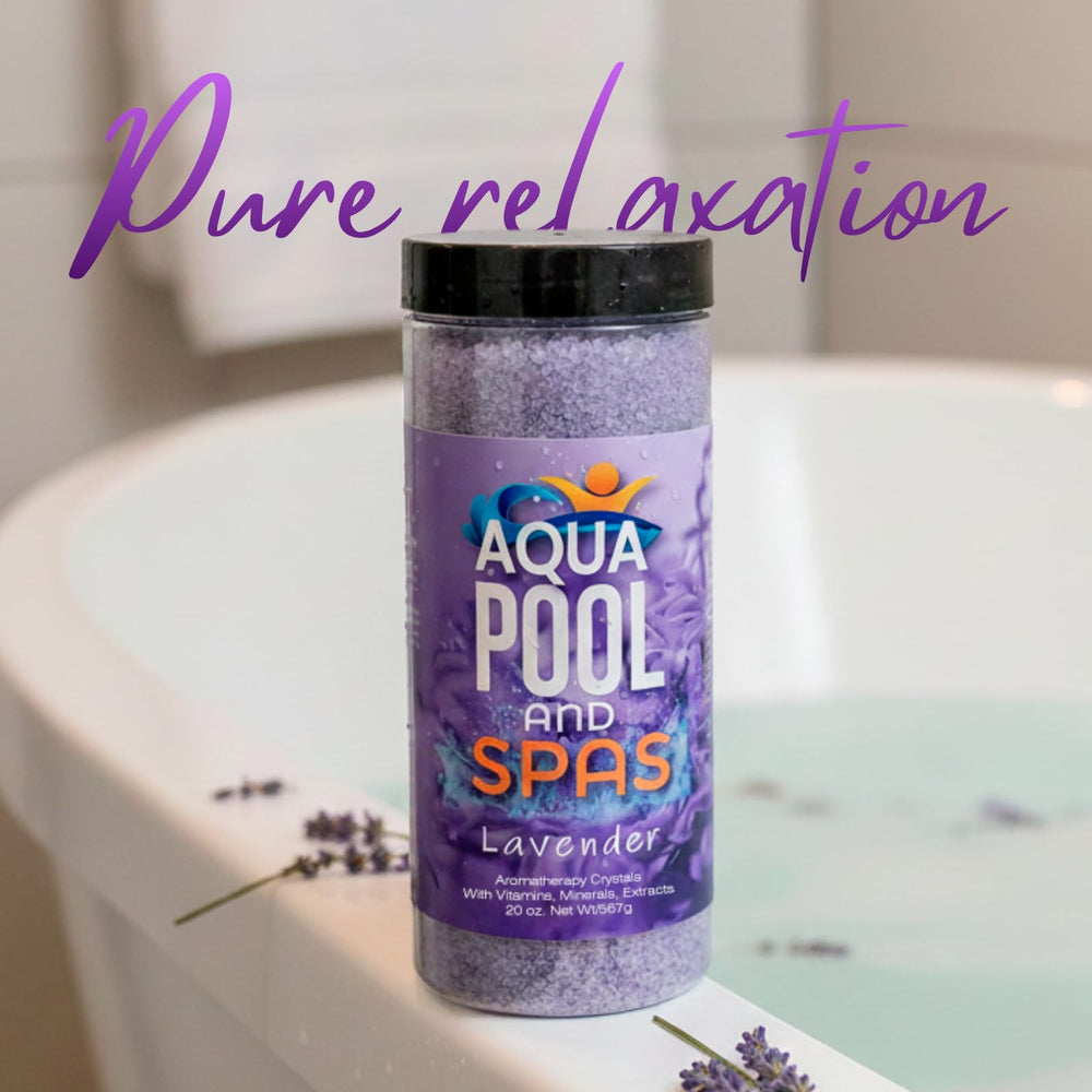 Aqua Pool and Spa Lavender crystals held in hand for a soothing moment.