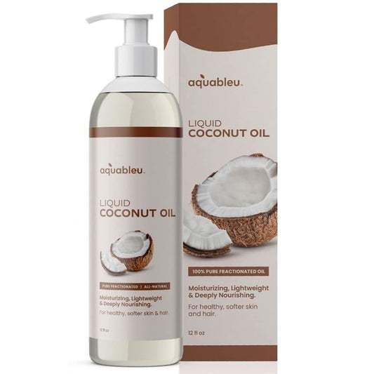Aquableu fractionated coconut oil bottle pour for smooth, hydrated skin.