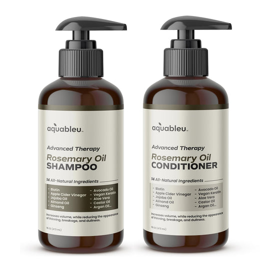 Aquableu Rosemary Shampoo bottle showcases 16oz formula for voluminous, healthier-looking hair.