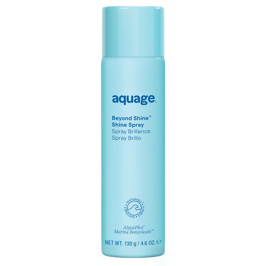 Aquage Beyond Shine bottle front shows featherlight mist for radiant, smooth hair