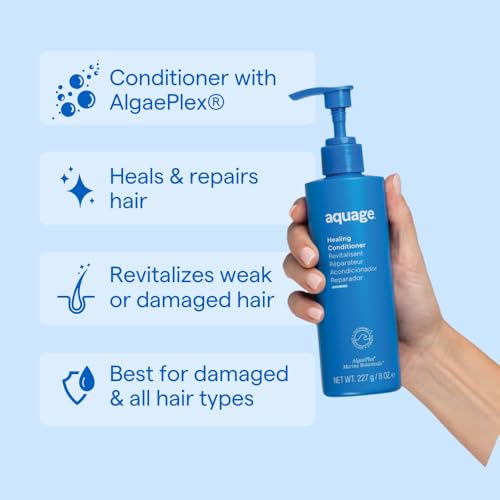 Closeup of Aquage Healing Conditioner label highlighting Algaeplex for hair repair