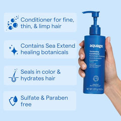 Close-up of Aquage SeaExtend bottle highlighting Thermal-V heat protection.