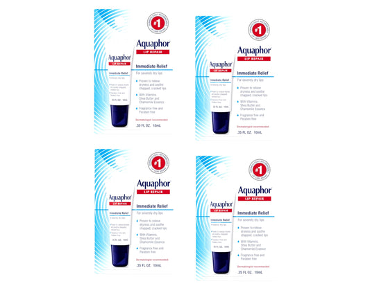 Aquaphor Lip Repair tube front view for quick moisture and soothing relief on dry lips.