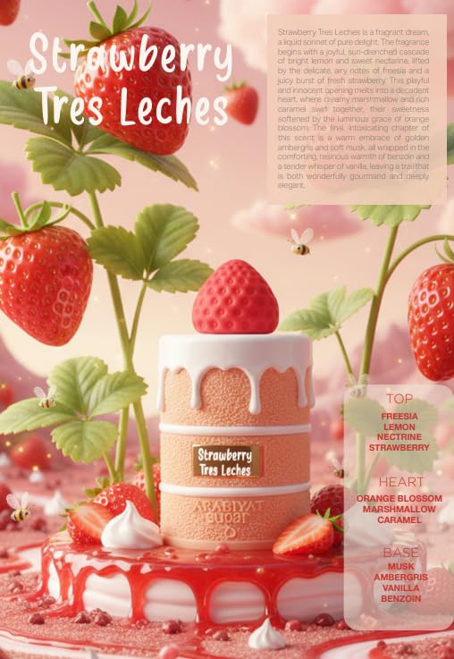 Arabiyat Sugar Strawberry Tres Leches swirl on bottle hints at creamy vanilla heart.
