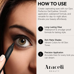 Araceli Gel Pencil Eyeliner creamy glide enables easy tightlining and wings.