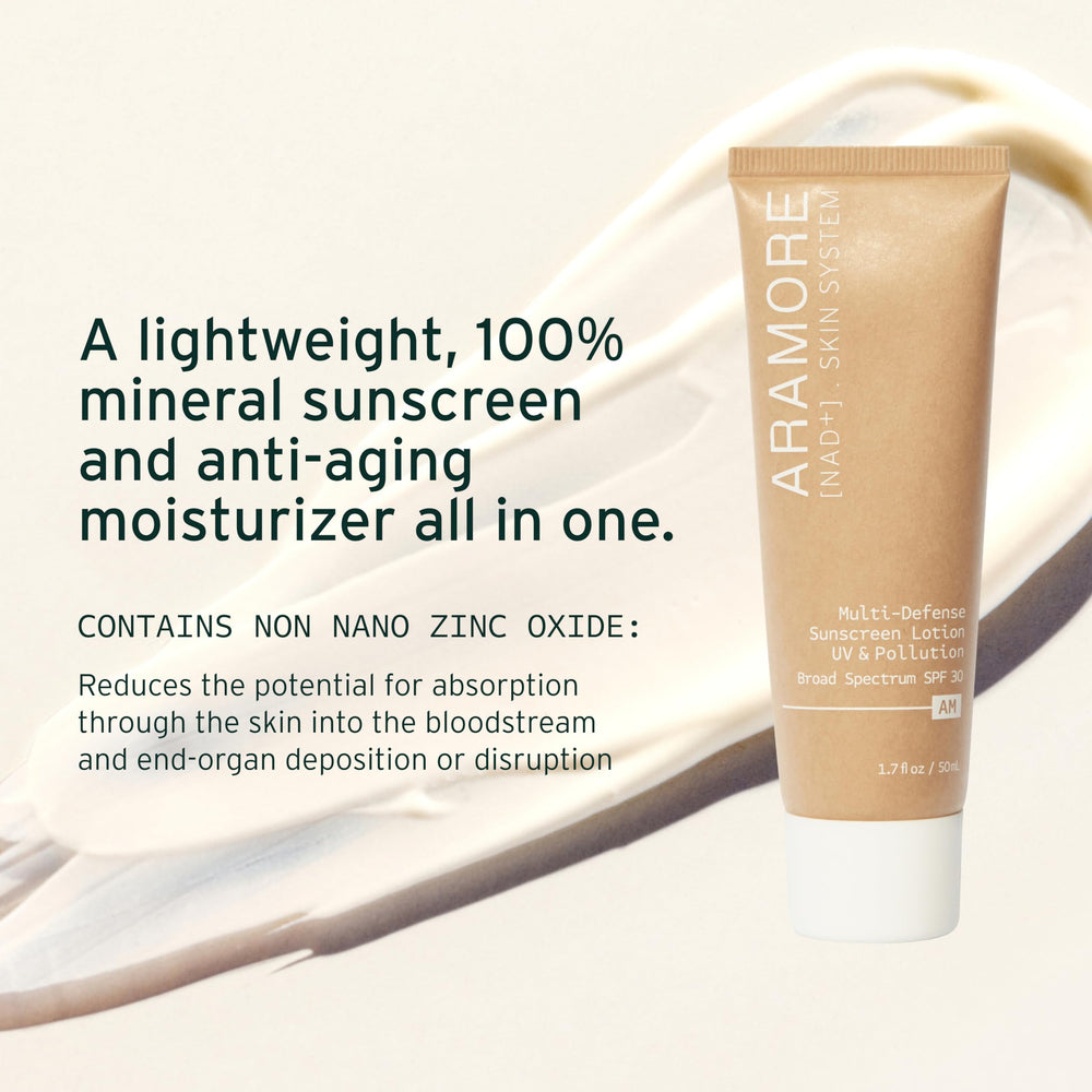 Aramore Multi-Defense application close-up highlights lightweight coverage suitable for all skin types.