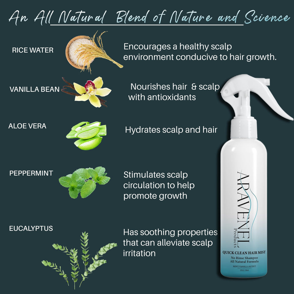 ARAVENEL Quick Clean Hair Mist no-rinse formula supports easy daily use.