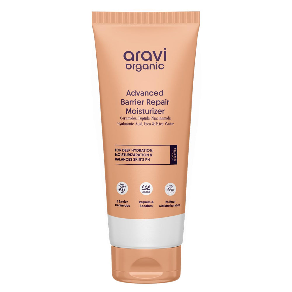 Aravi Organic Advanced Barrier Repair Moisturizer bottle in a clean bathroom for daily hydration