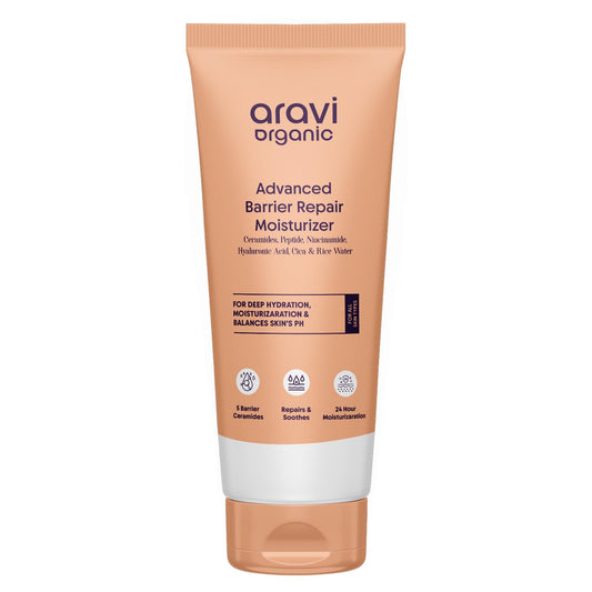 Aravi Organic Advanced Barrier Repair Moisturizer bottle in a clean bathroom for daily hydration
