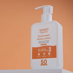 Aravi Organic Sunscreen Body Lotion with hydrating hyaluronic acid.