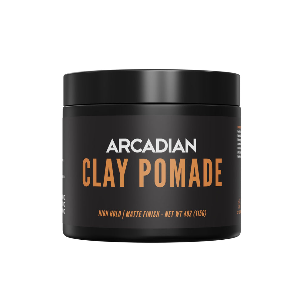 Arcadian Grooming Clay Pomade jar closeup showcasing matte finish for all-day hold.