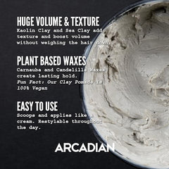 Arcadian Grooming Clay Pomade closeup highlighting matte finish texture.