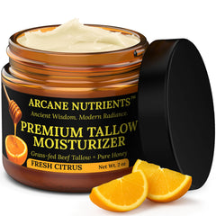 ARCANE NUTRIENTS grass-fed beef tallow balm jar shows rich moisturizing texture.