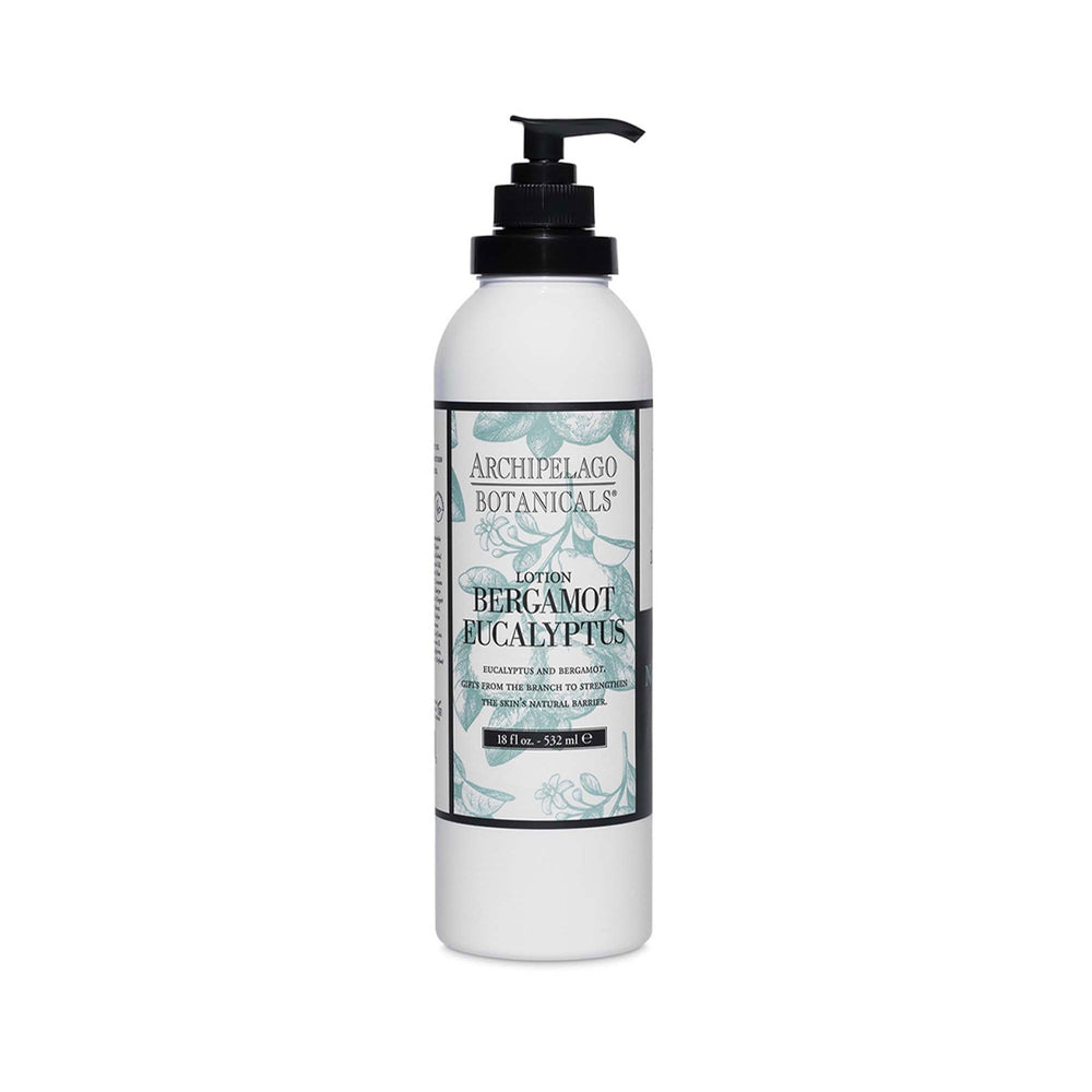 Archipelago Botanicals Bergamot Eucalyptus Lotion bottle for hydrating, non-greasy skin daily.