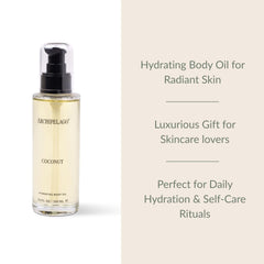 Archipelago Botanicals Coconut Hydrating Body Oil ingredients including coconut, tamanu, and sea buckthorn for enriched hydration.