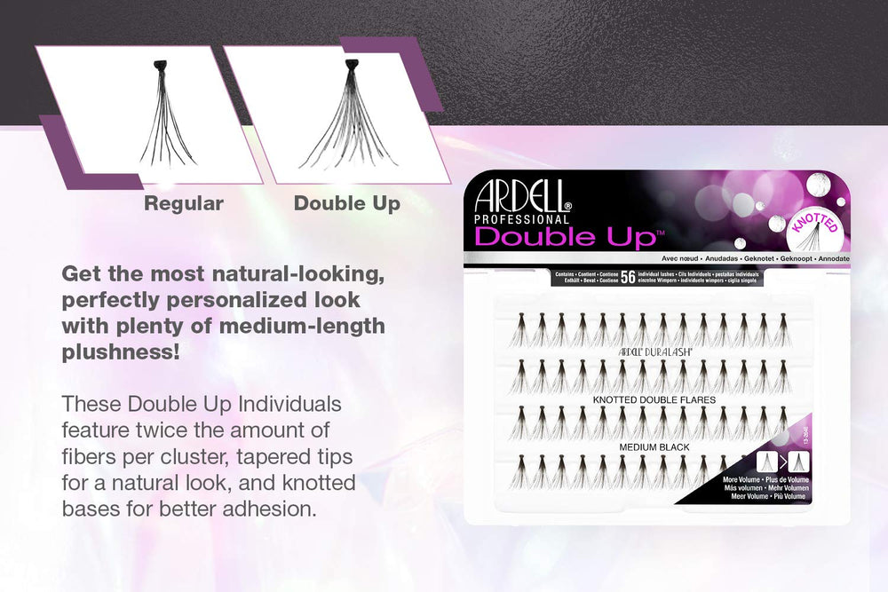 Ardell knotted feathered lashes medium black close-up highlights natural, comfortable wear.