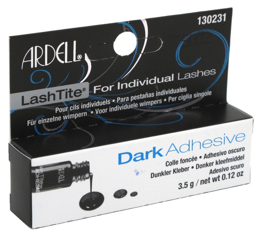 Ardell Lashtite dark adhesive packaging close-up shows three-pack and long-lasting hold.