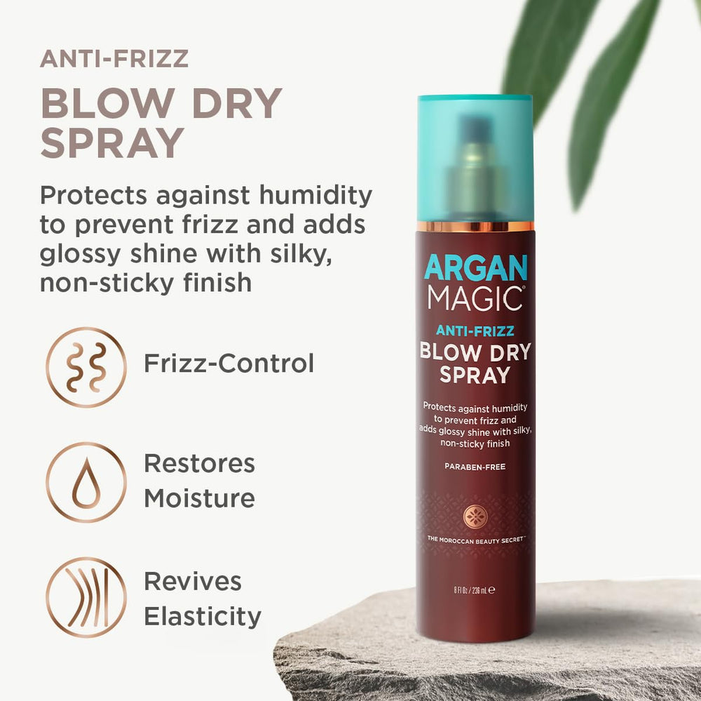 Argan Magic anti-frizz spray displaying glossy finish after use.