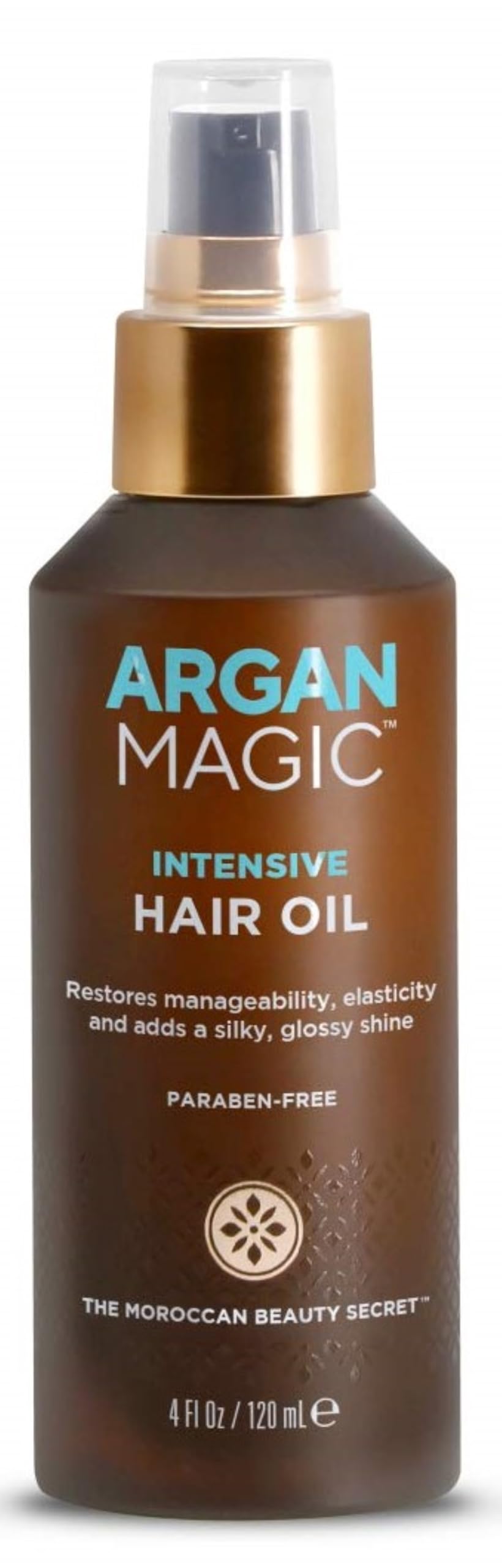 Argan Magic Intensive Hair Oil bottle close-up with premium packaging for all hair types.