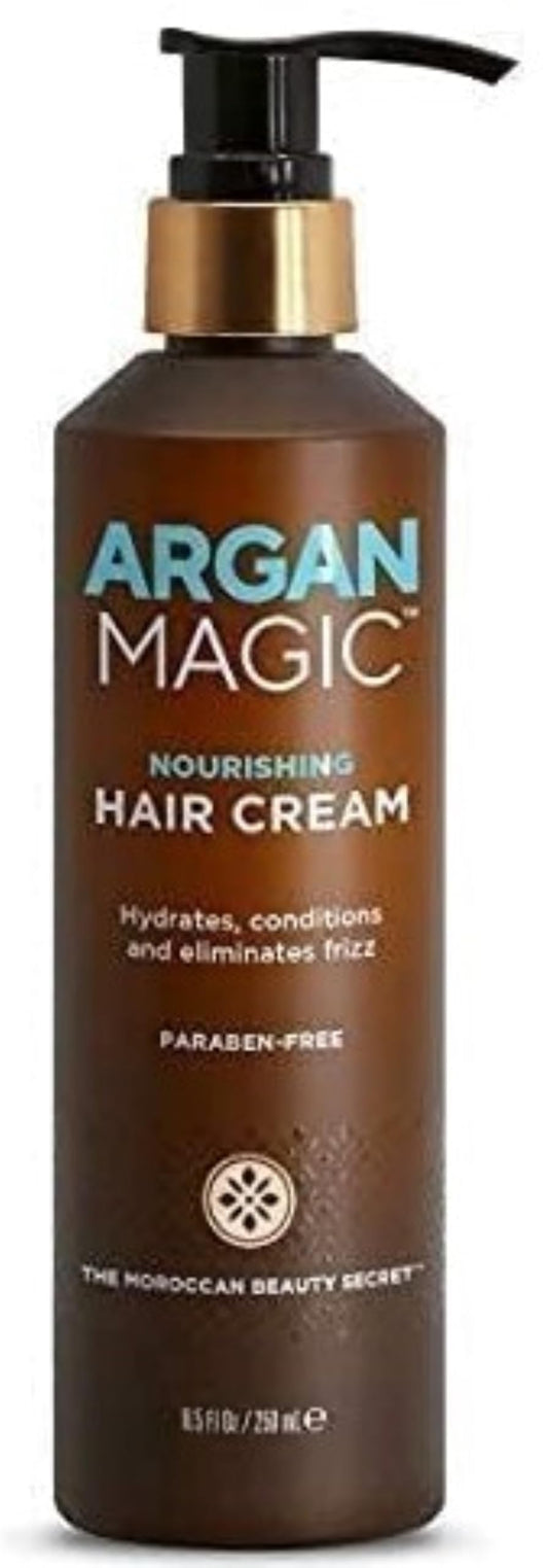 Argan Magic Nourishing Hair Cream bottle on display for frizz control