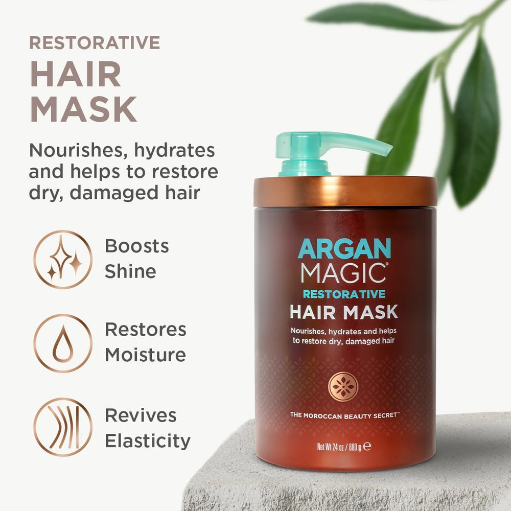 Argan Magic Restorative Hair Mask dispenser for easy, even application and frizz control.