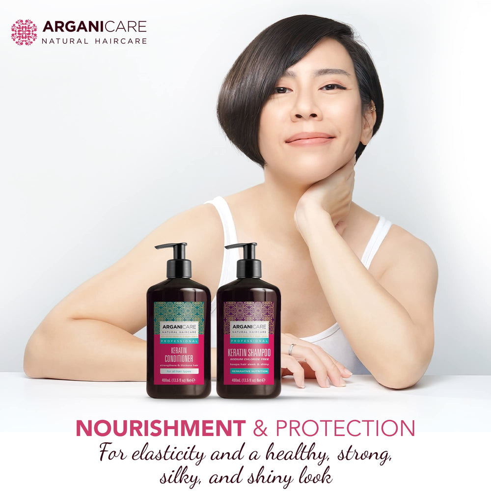 Arganicare Keratin set beside color-treated hair for gentle care.