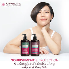 Arganicare Keratin set beside color-treated hair for gentle care.