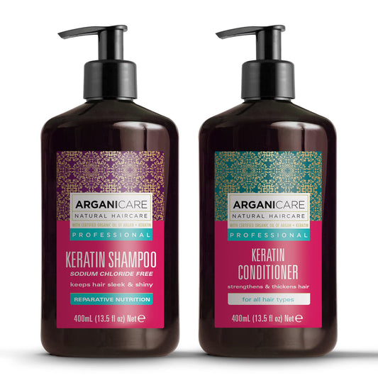 Arganicare Keratin Shampoo bottle display promotes stronger, shinier hair.