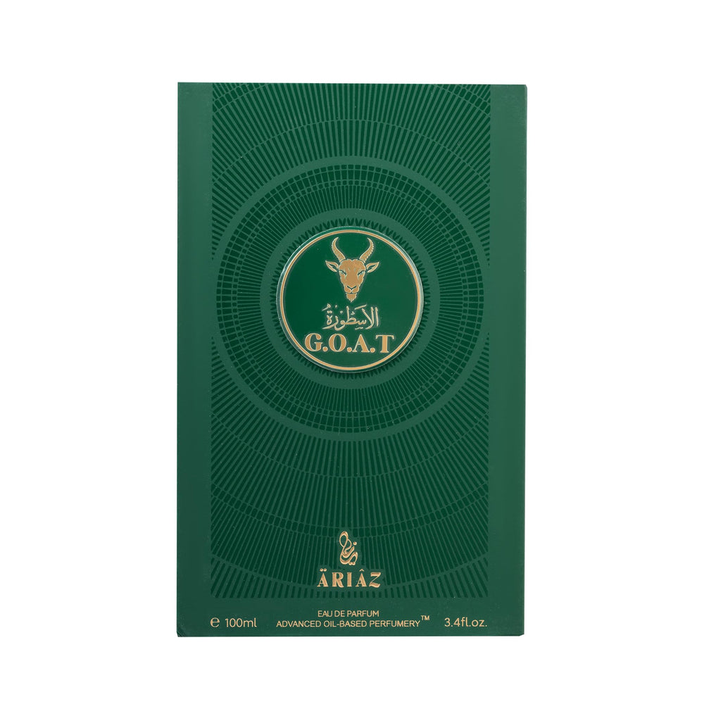 ARIAZ G.O.A.T Men edp swirl imagery evokes vanilla, amber, and woods aroma