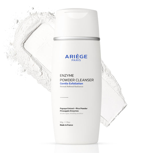 ARIÈGE PARIS Enzyme Powder Cleanser shows powder-to-foam transformation for a gentle cleanse.