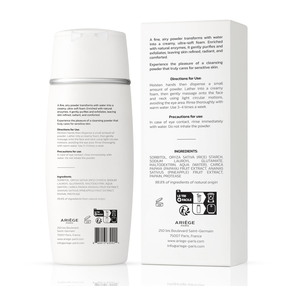 ARIÈGE PARIS Enzyme Powder Cleanser highlighting rice powder for refined texture polishing.